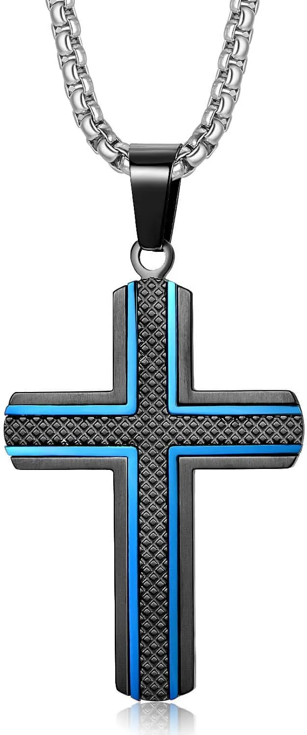 Men's Stainless Steel Cross Necklace,Two-Tone Black & Blue Carbon Fiber Pendant - Included Gift Box