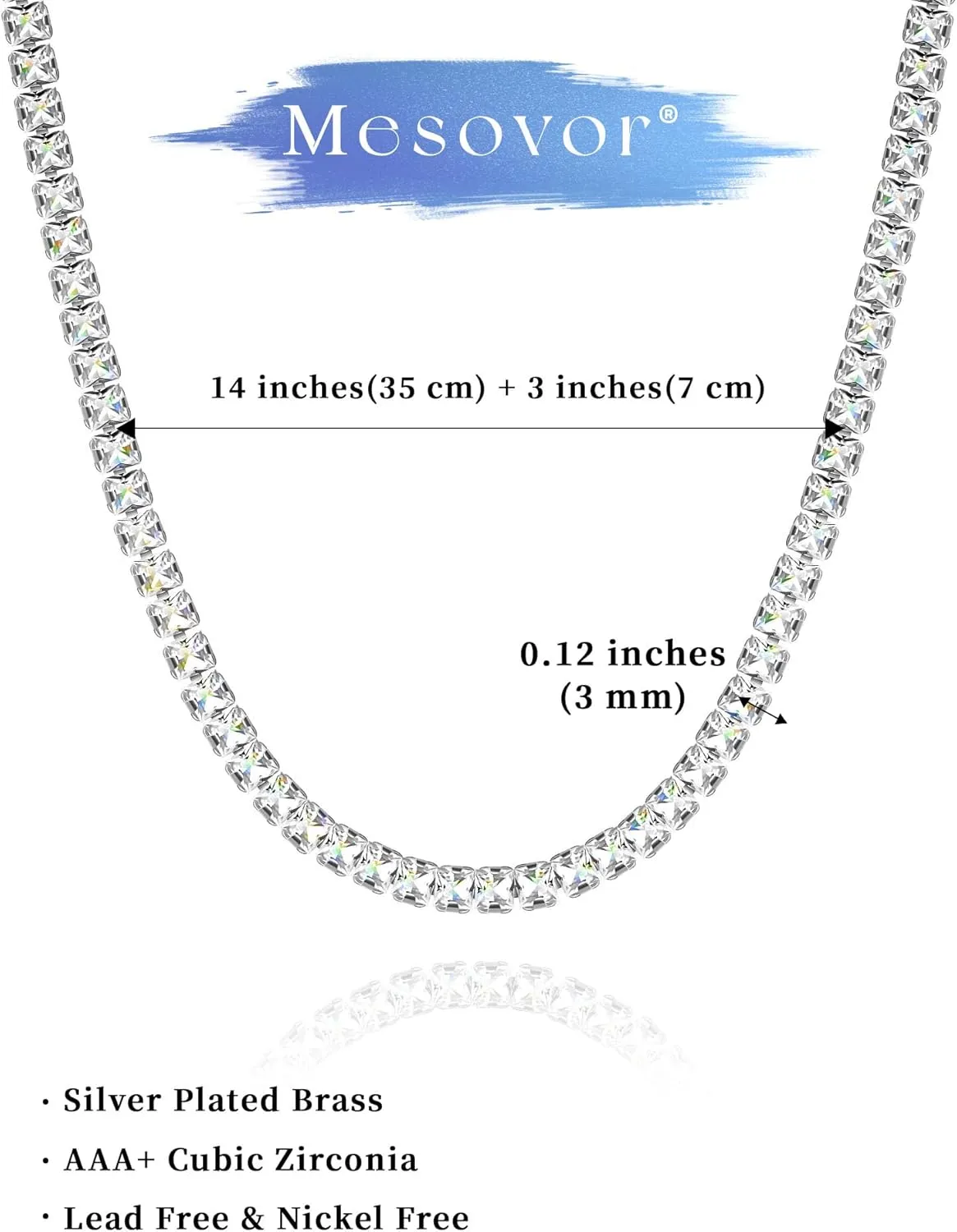 Mesovor Diamond Tennis Necklaces for Women, 18K/White Gold Plated Square Tennis Chain Choker | Bling Cubic Zirconia 3mm 4mm Statement Necklace Jewelry Gifts