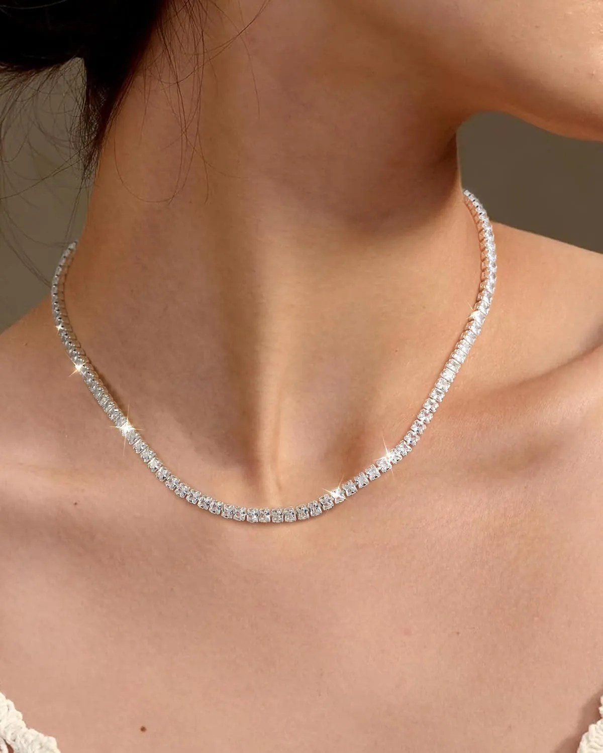 Mesovor Diamond Tennis Necklaces for Women, 18K/White Gold Plated Square Tennis Chain Choker | Bling Cubic Zirconia 3mm 4mm Statement Necklace Jewelry Gifts