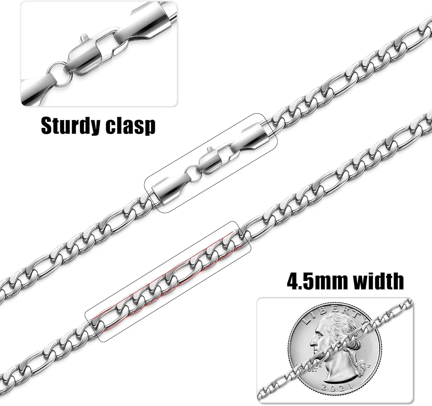 micuco 4.5mm Figaro Chain Necklace for Men, Stainless Steel Silver Chain for Men, Link Chain Necklace for Women Men 16 18 20 22 24 inches