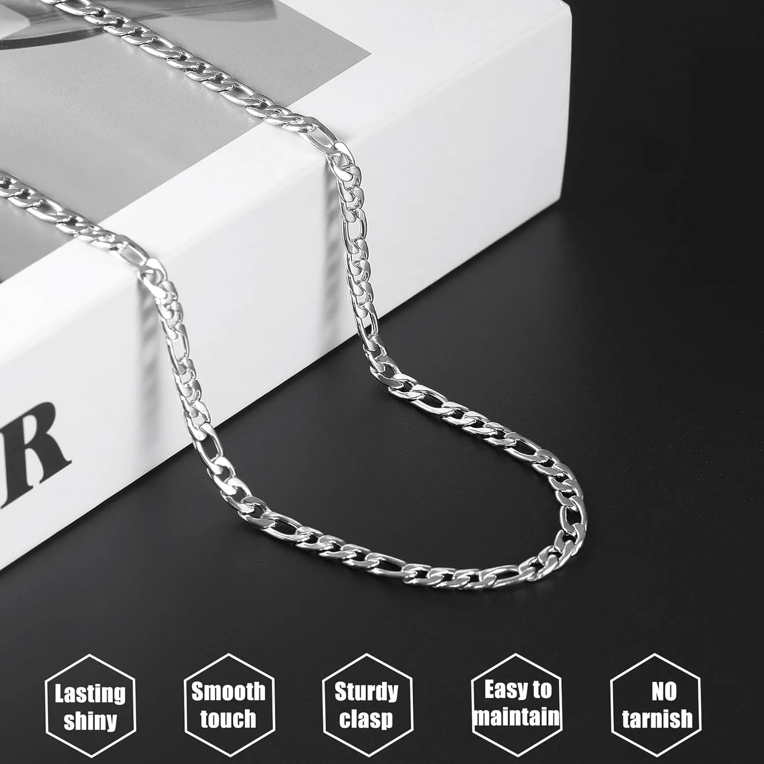 micuco 4.5mm Figaro Chain Necklace for Men, Stainless Steel Silver Chain for Men, Link Chain Necklace for Women Men 16 18 20 22 24 inches