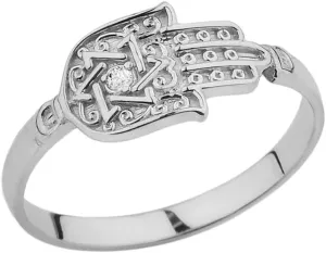 Middle Eastern Jewelry Unique Sterling Silver Diamond Hamsa Hand Ring