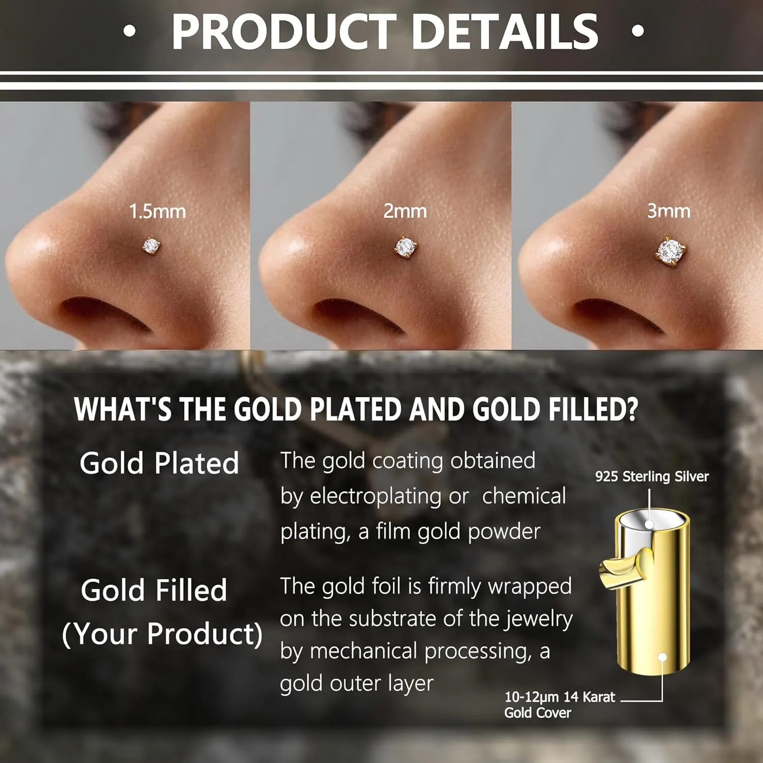 MILACOLATO 925 Sterling Silver Nose Stud: 14k Gold Filled Nose Stud Simulated Diamond CZ 20G Corkscrew S Shaped Hypoallergenic Nose Nostril Piercing Jewelry for Women Men 18G 20G