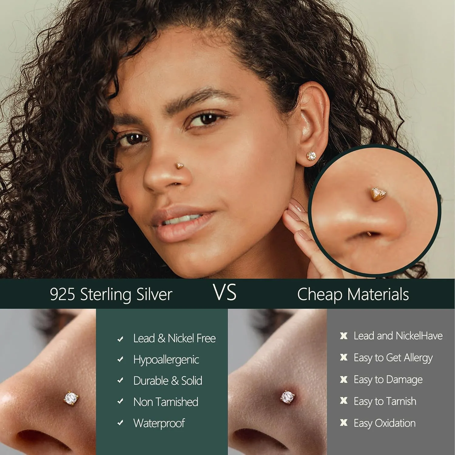 MILACOLATO 925 Sterling Silver Nose Stud: 14k Gold Filled Nose Stud Simulated Diamond CZ 20G Corkscrew S Shaped Hypoallergenic Nose Nostril Piercing Jewelry for Women Men 18G 20G