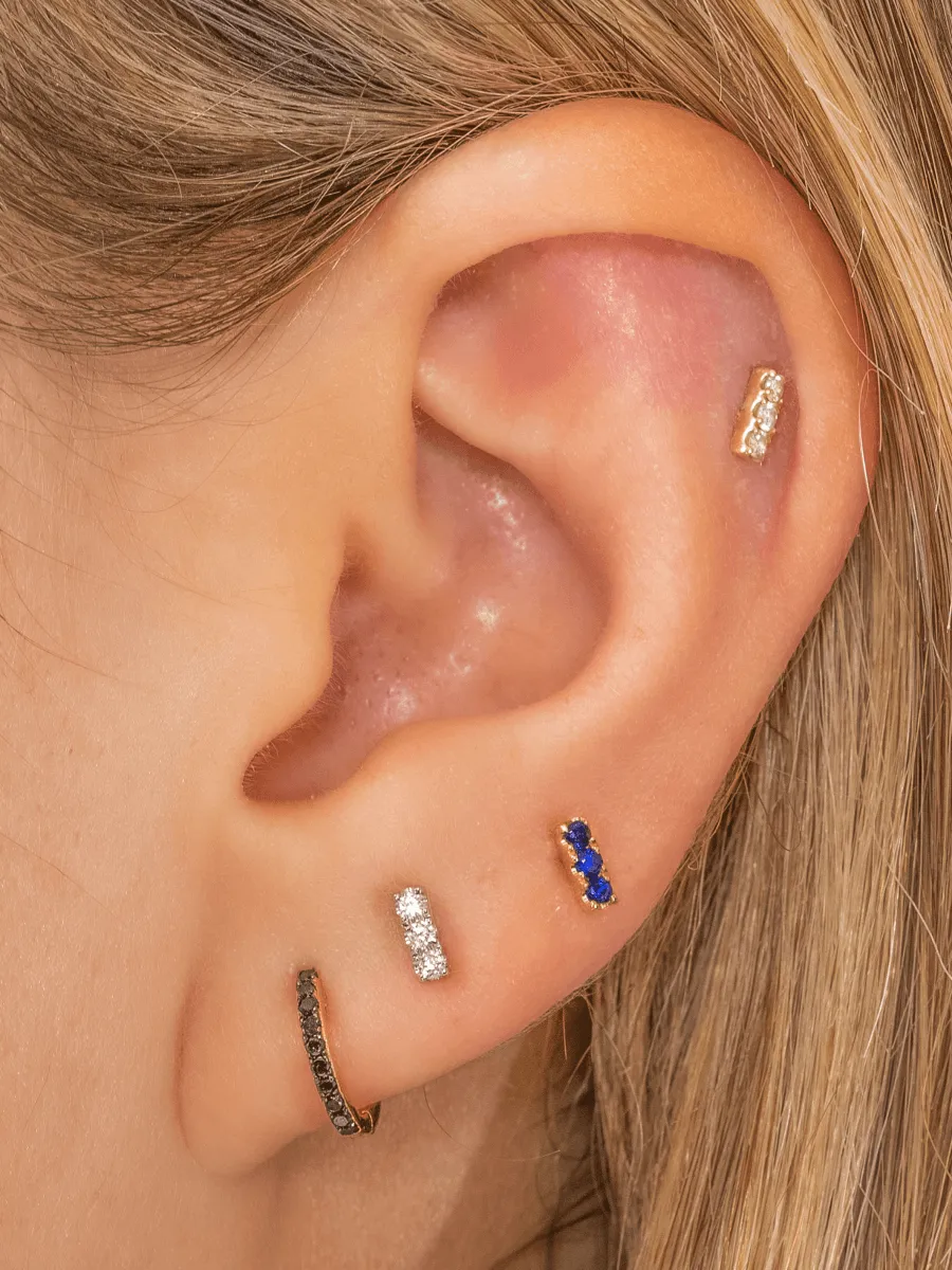 Mini Blue Sapphire Bar Stud Earring 14K