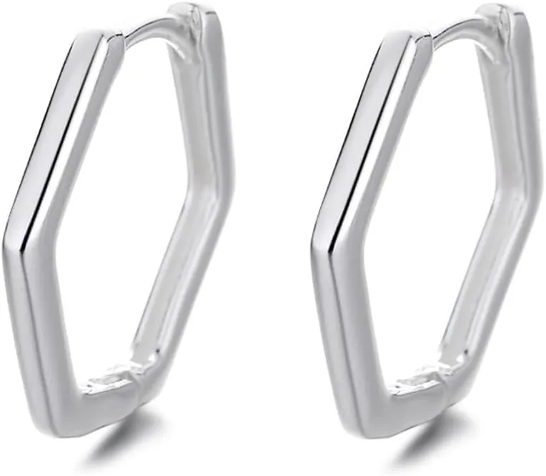 Minimalist Hexagon Geometric Chic 925 Sterling Silver Hoop Earrings for Women Men Fashion Dainty Huggie Rectangle Hoops Unique Jewelry Hypoallergenic Gifts Bff Birthday Valentines Day 14mm