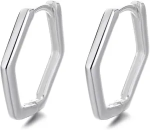 Minimalist Hexagon Geometric Chic 925 Sterling Silver Hoop Earrings for Women Men Fashion Dainty Huggie Rectangle Hoops Unique Jewelry Hypoallergenic Gifts Bff Birthday Valentines Day 14mm