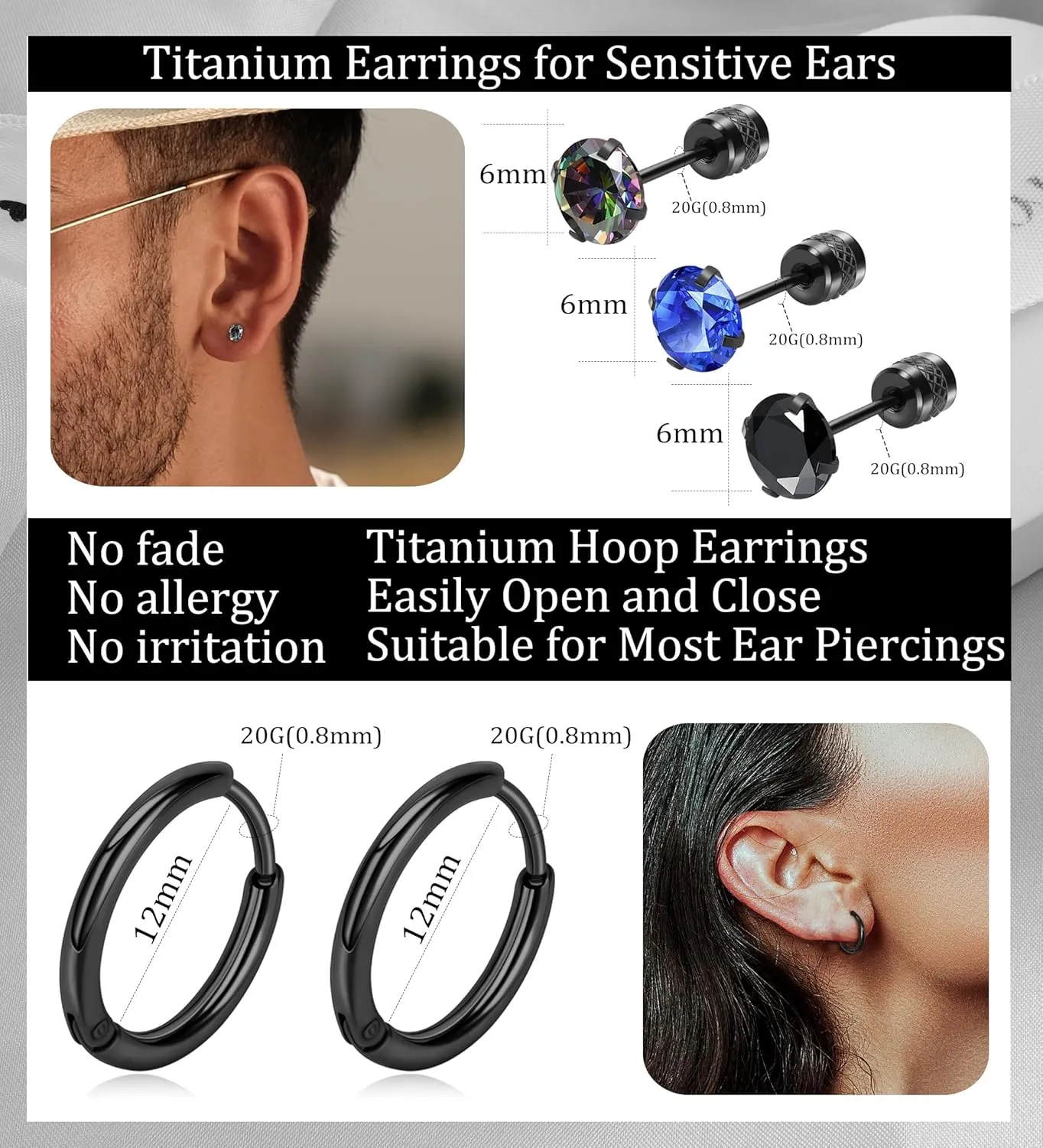 MJust     for Women Men      Rainbow 5A Cubic Zirconia Sleeper    Studs 20G  