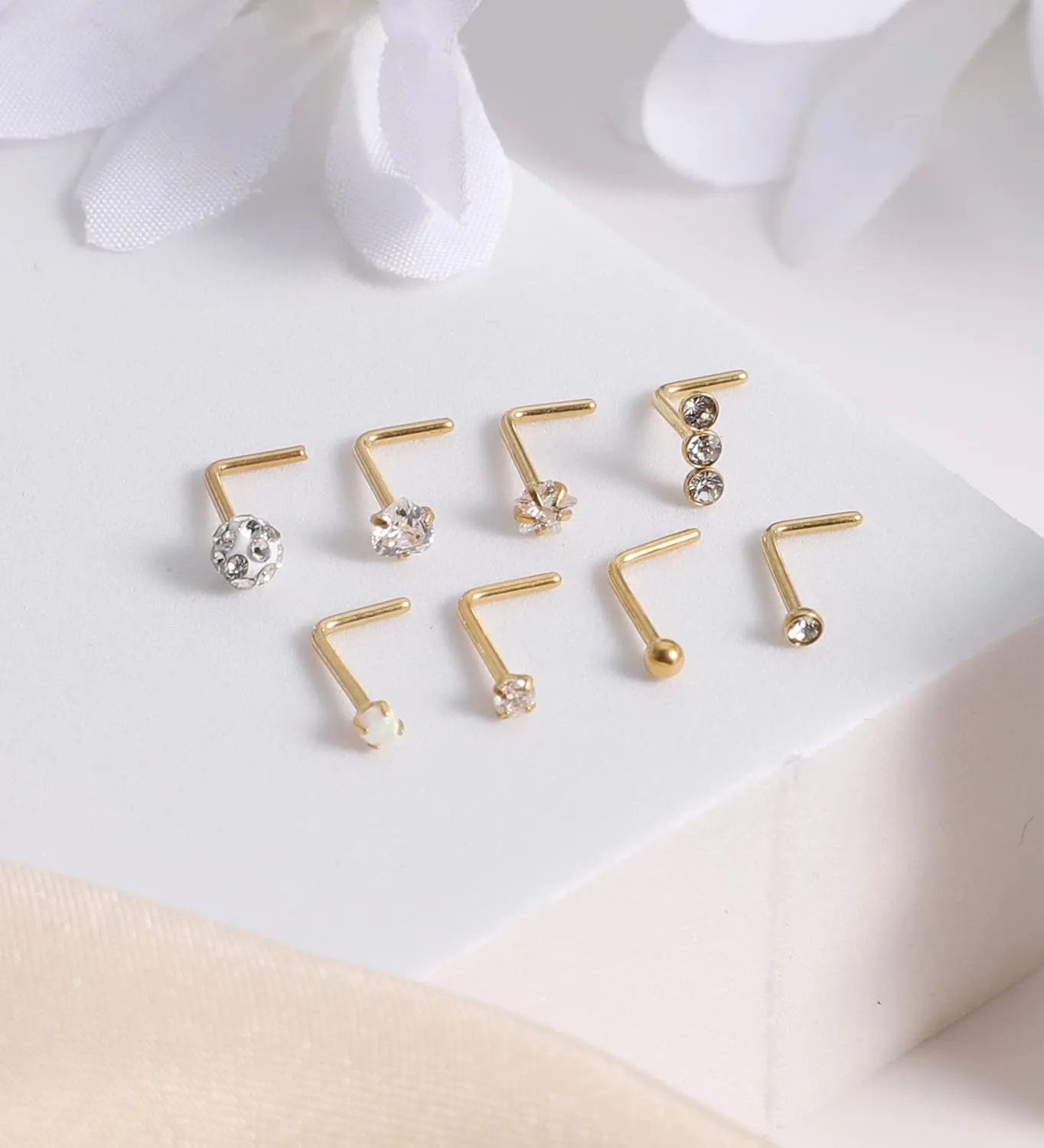 MJust Titanium Nose Ring Set, 18G Hypoallergenic L Shaped and Hoop Nose Stud Rings for Women & Men.