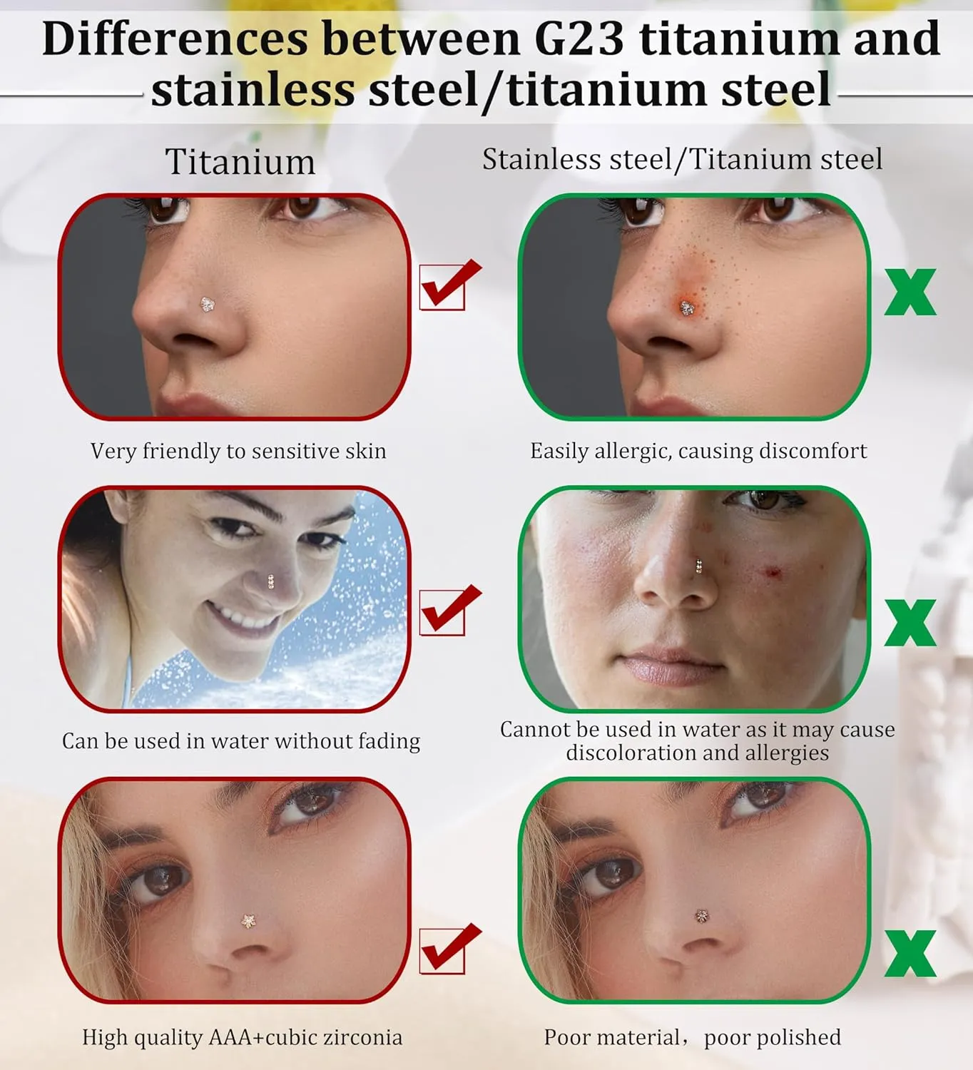 MJust Titanium Nose Ring Set, 18G Hypoallergenic L Shaped and Hoop Nose Stud Rings for Women & Men.
