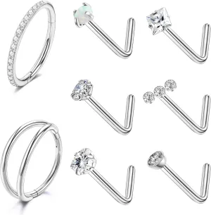 MJust Titanium Nose Ring Set, 18G Hypoallergenic L Shaped and Hoop Nose Stud Rings for Women & Men.