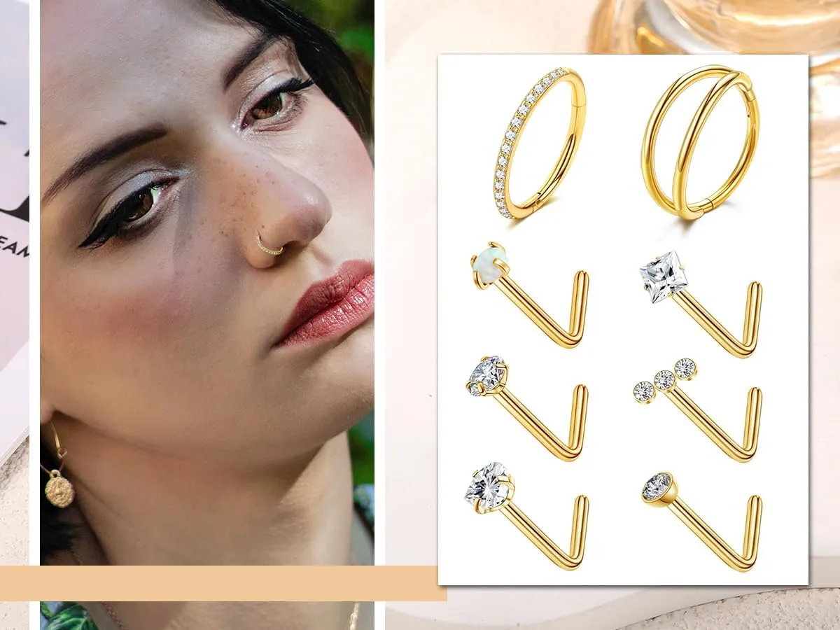 MJust Titanium Nose Ring Set, 18G Hypoallergenic L Shaped and Hoop Nose Stud Rings for Women & Men.