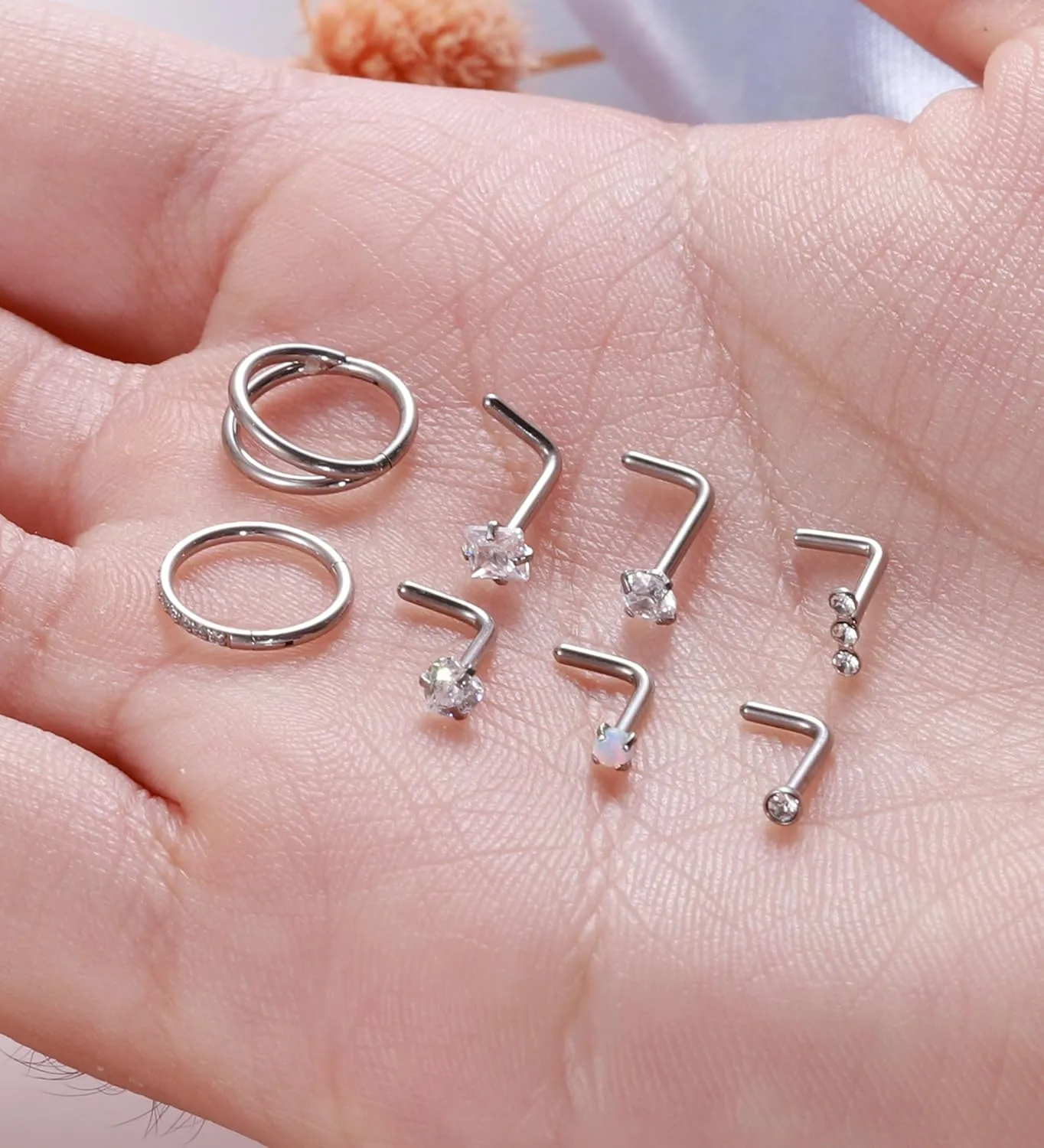 MJust Titanium Nose Ring Set, 18G Hypoallergenic L Shaped and Hoop Nose Stud Rings for Women & Men.
