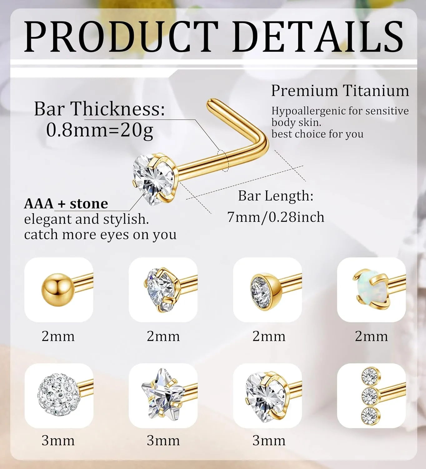 MJust Titanium Nose Ring Set, 18G Hypoallergenic L Shaped and Hoop Nose Stud Rings for Women & Men.