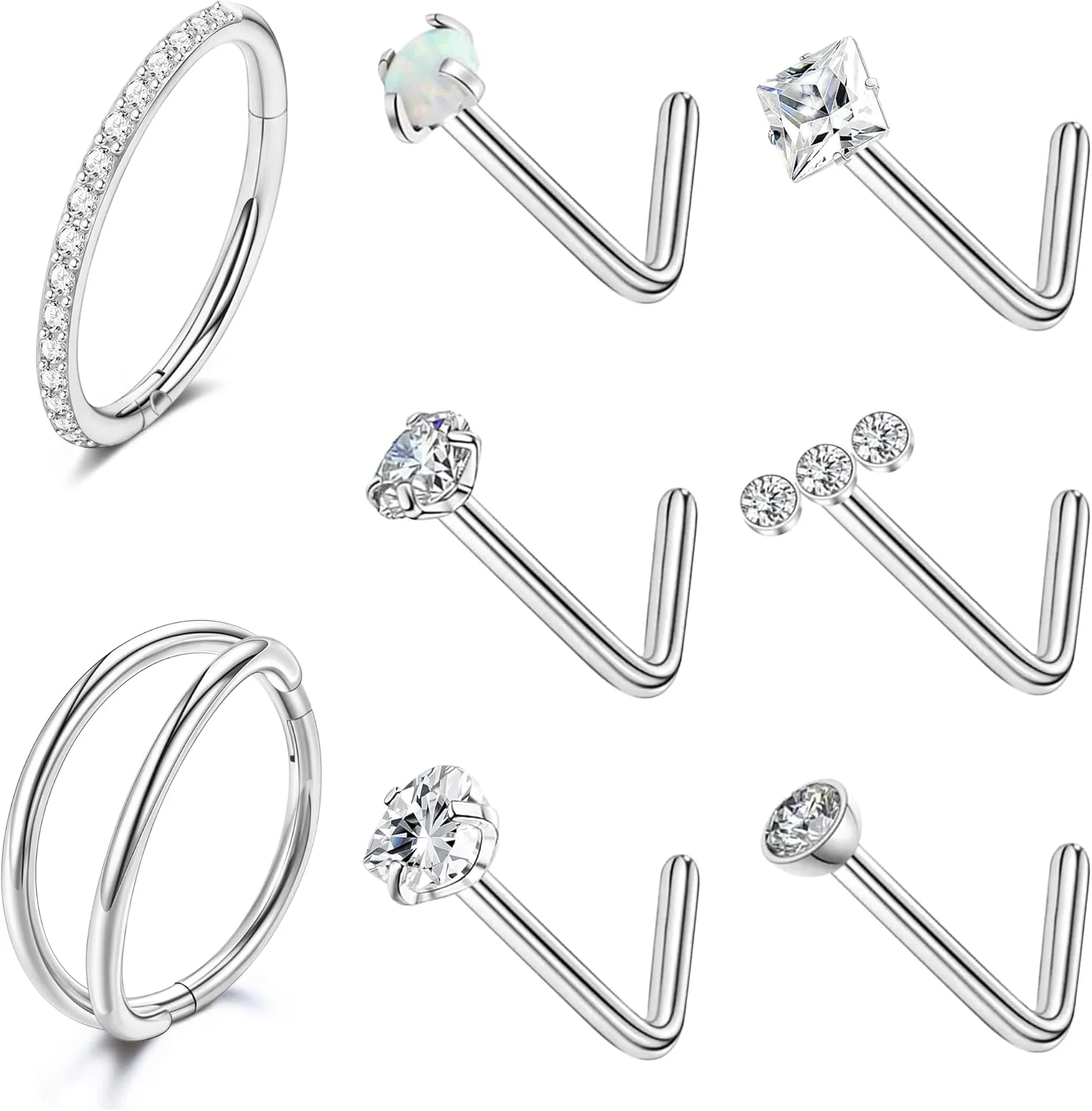 MJust Titanium Nose Ring Set, 18G Hypoallergenic L Shaped and Hoop Nose Stud Rings for Women & Men.