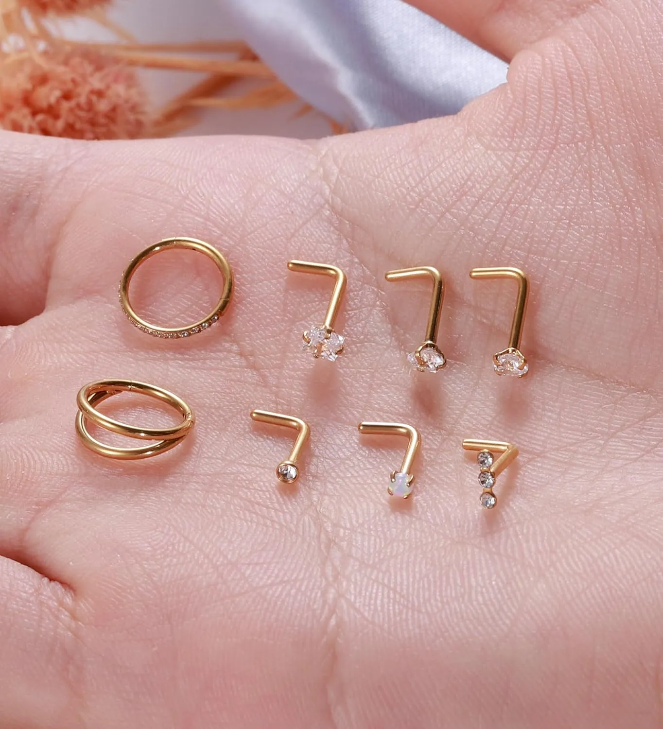 MJust Titanium Nose Ring Set, 18G Hypoallergenic L Shaped and Hoop Nose Stud Rings for Women & Men.