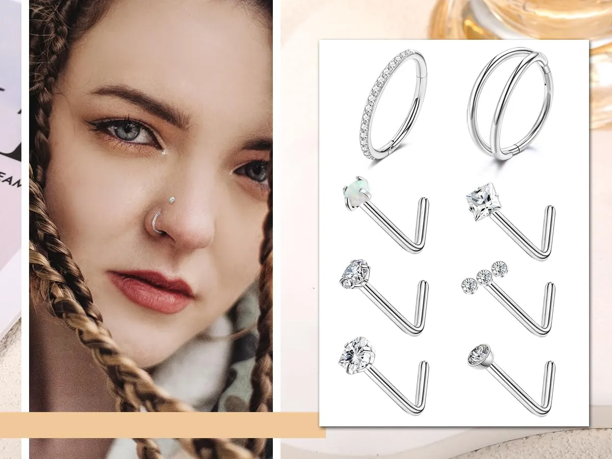 MJust Titanium Nose Ring Set, 18G Hypoallergenic L Shaped and Hoop Nose Stud Rings for Women & Men.