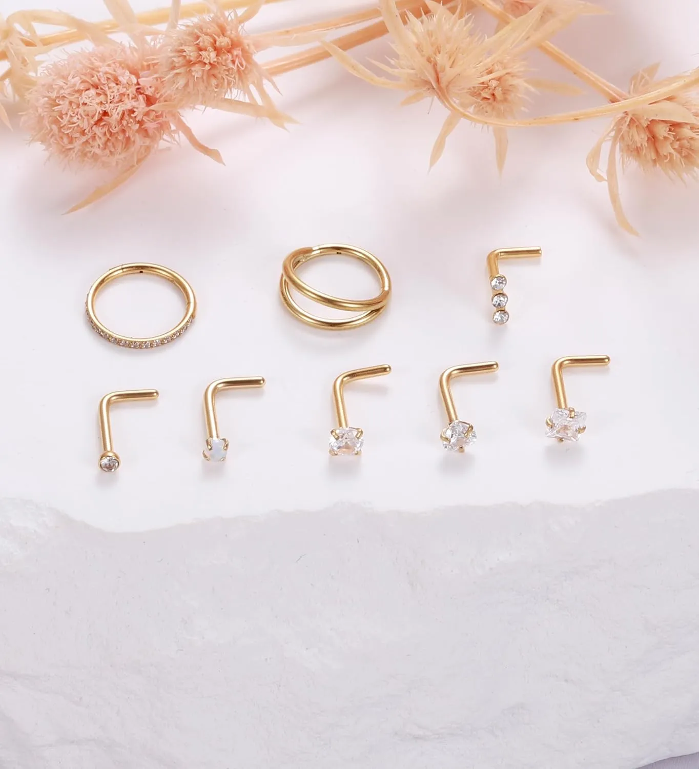 MJust Titanium Nose Ring Set, 18G Hypoallergenic L Shaped and Hoop Nose Stud Rings for Women & Men.