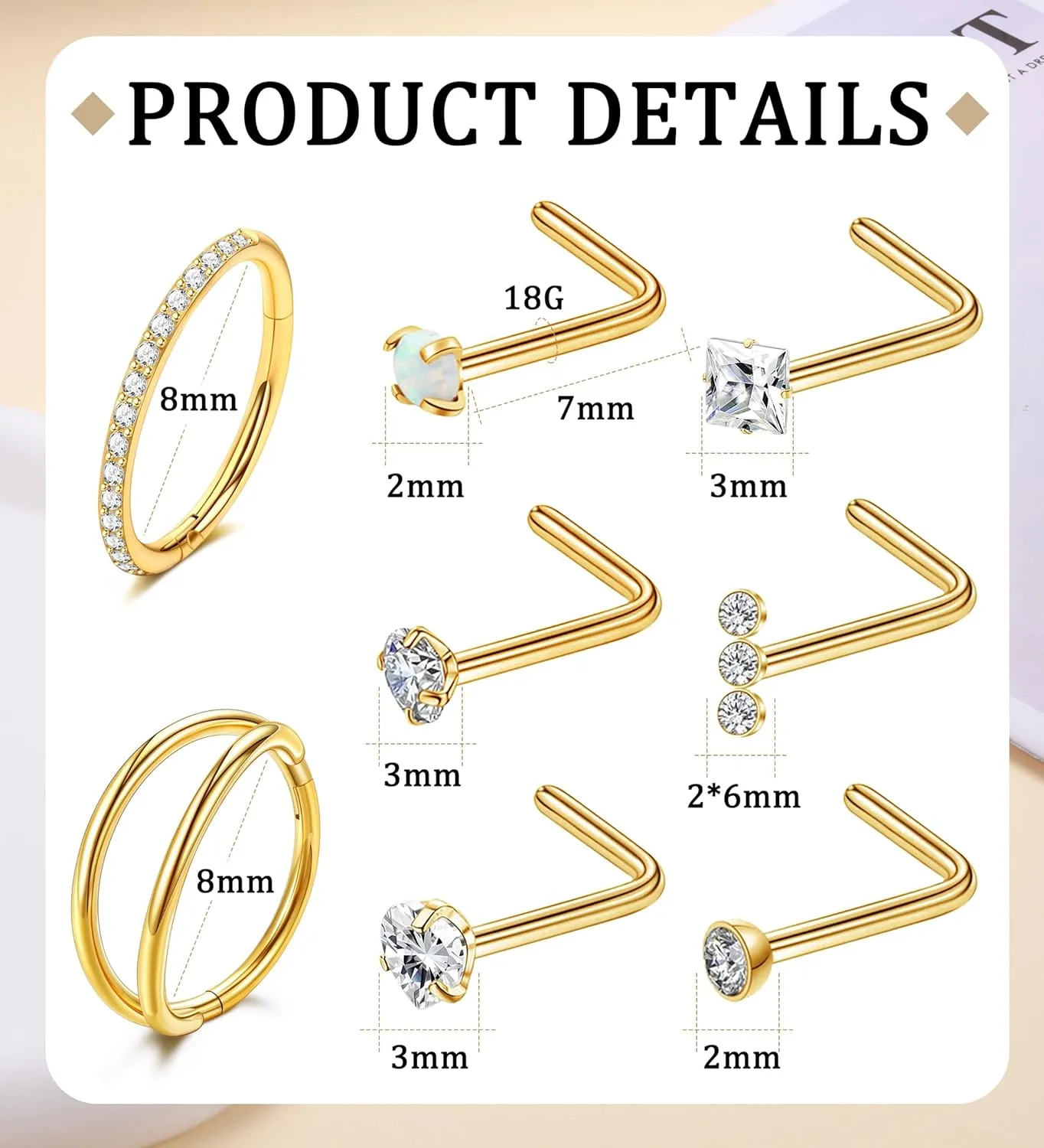 MJust Titanium Nose Ring Set, 18G Hypoallergenic L Shaped and Hoop Nose Stud Rings for Women & Men.
