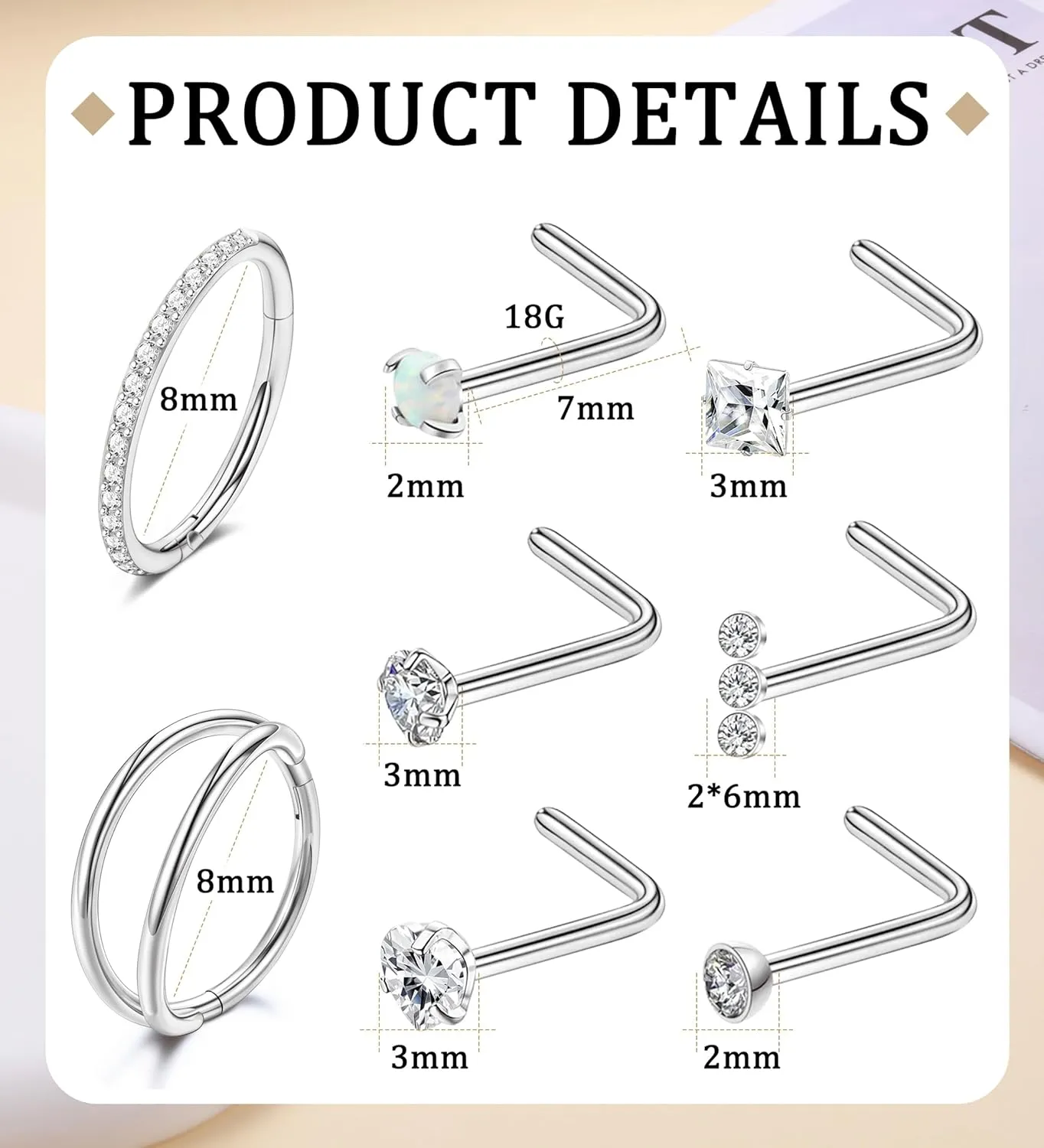 MJust Titanium Nose Ring Set, 18G Hypoallergenic L Shaped and Hoop Nose Stud Rings for Women & Men.