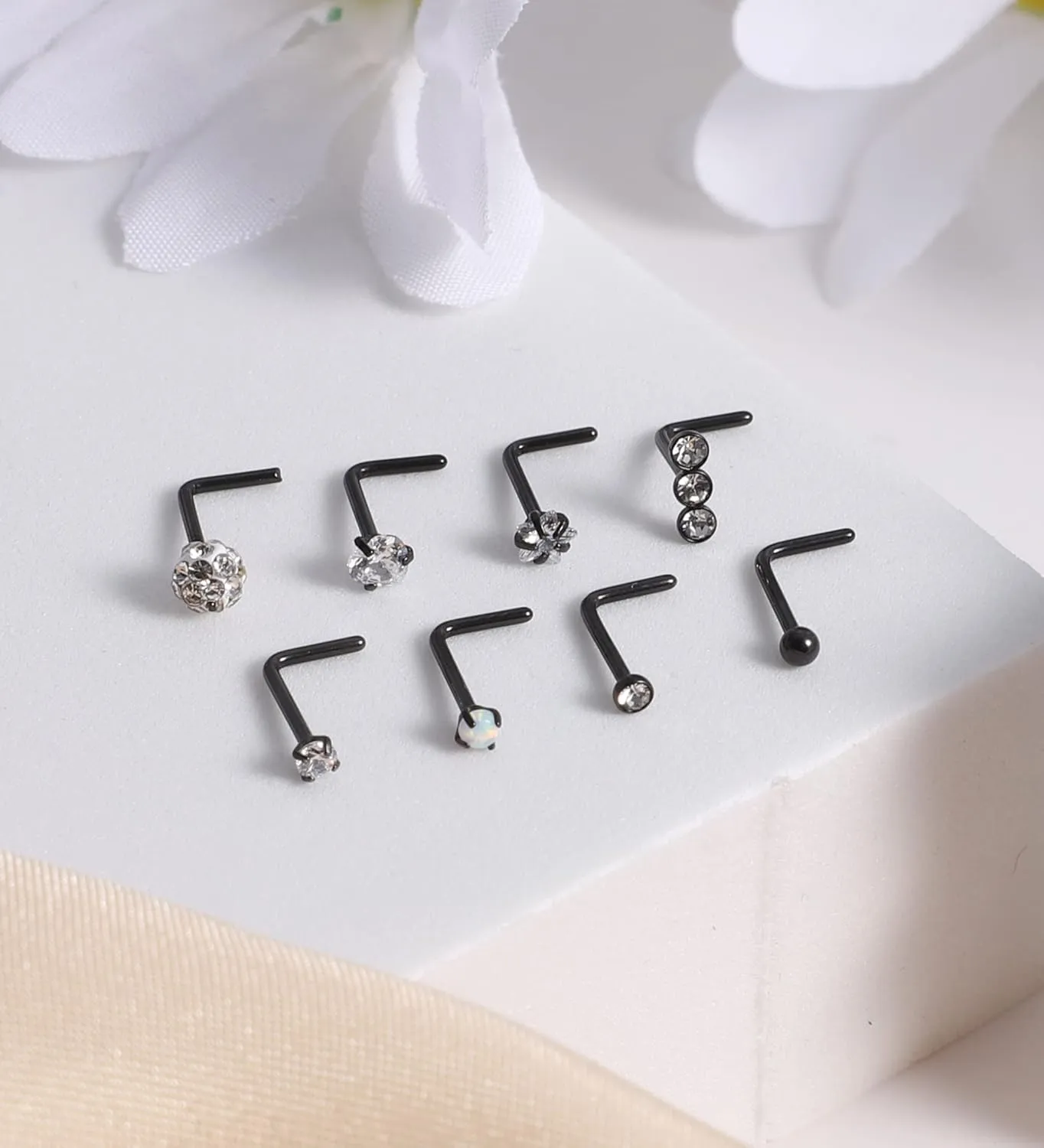 MJust Titanium Nose Ring Set, 18G Hypoallergenic L Shaped and Hoop Nose Stud Rings for Women & Men.