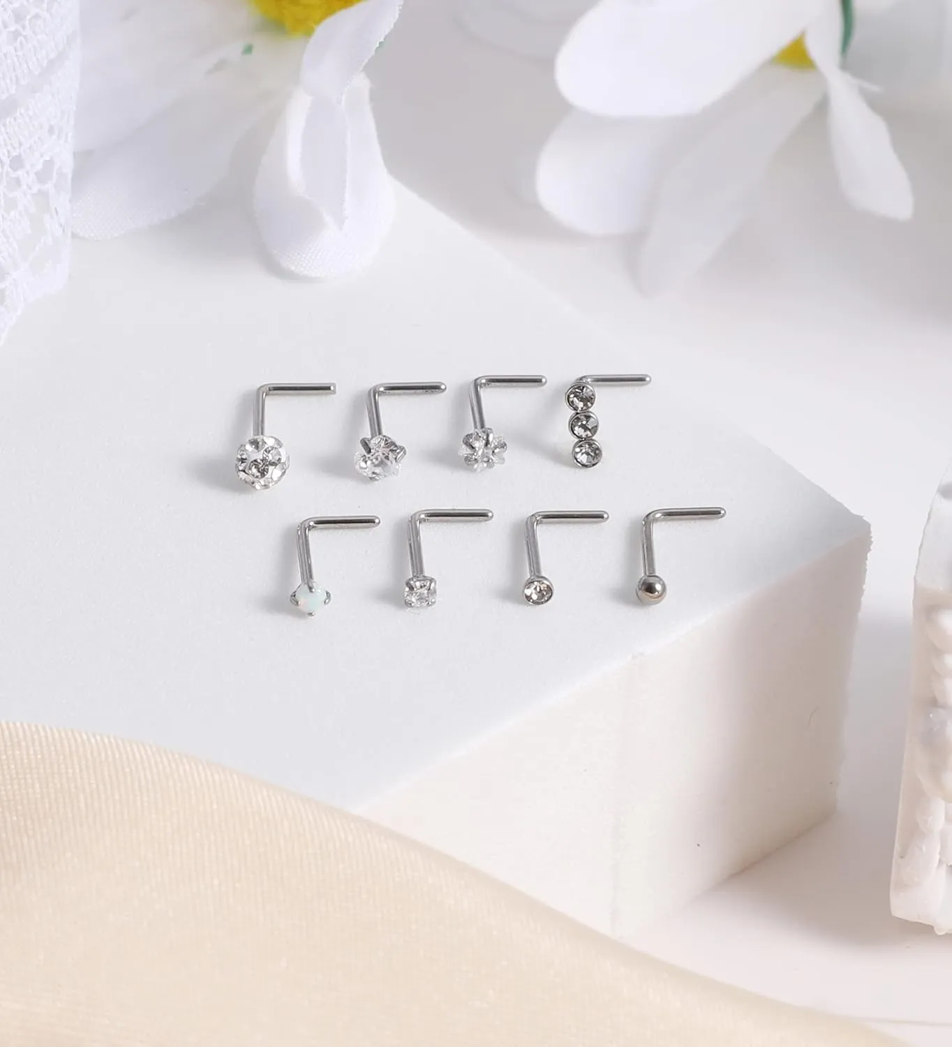 MJust Titanium Nose Ring Set, 18G Hypoallergenic L Shaped and Hoop Nose Stud Rings for Women & Men.