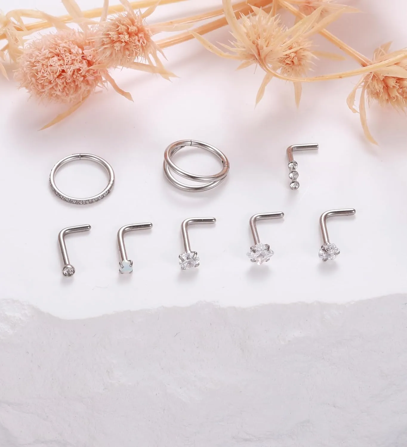 MJust Titanium Nose Ring Set, 18G Hypoallergenic L Shaped and Hoop Nose Stud Rings for Women & Men.
