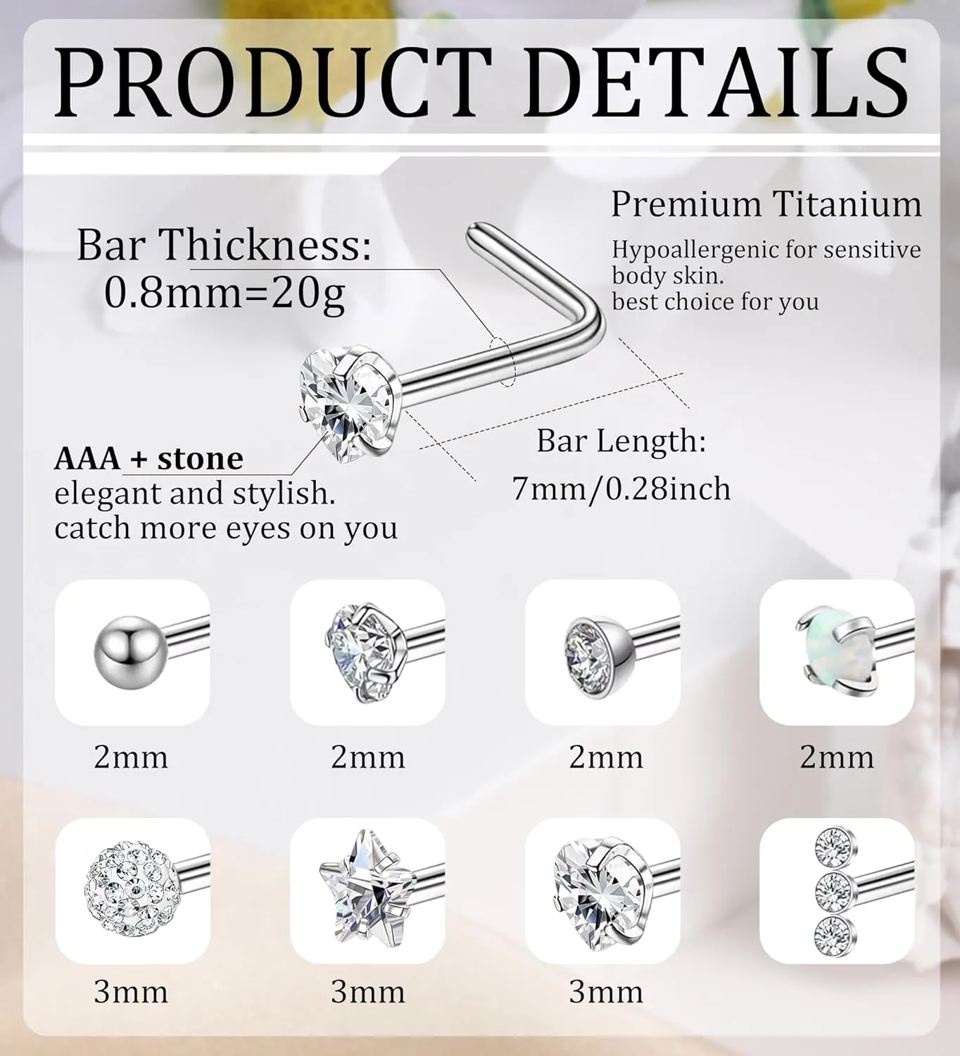 MJust Titanium Nose Ring Set, 18G Hypoallergenic L Shaped and Hoop Nose Stud Rings for Women & Men.