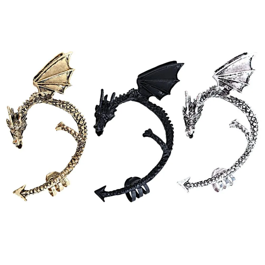 Mobestech 3pcs Gothic Punk Ear Cuff Earrings Wing Clip Earrings Year Dragon Design