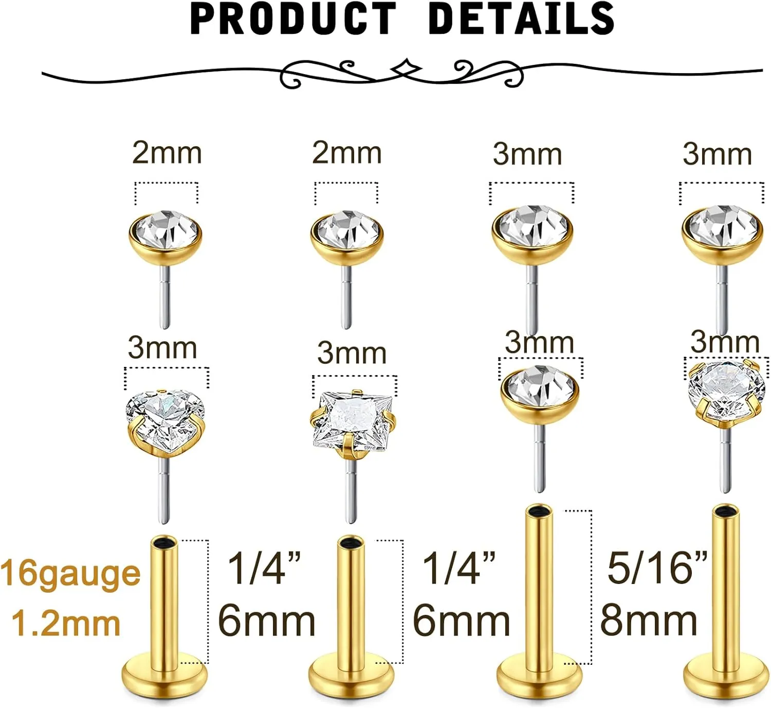 MODRSA Lip Rings & Labret Jewelry - Vertical Labret Lip Studs 16g Silver Black