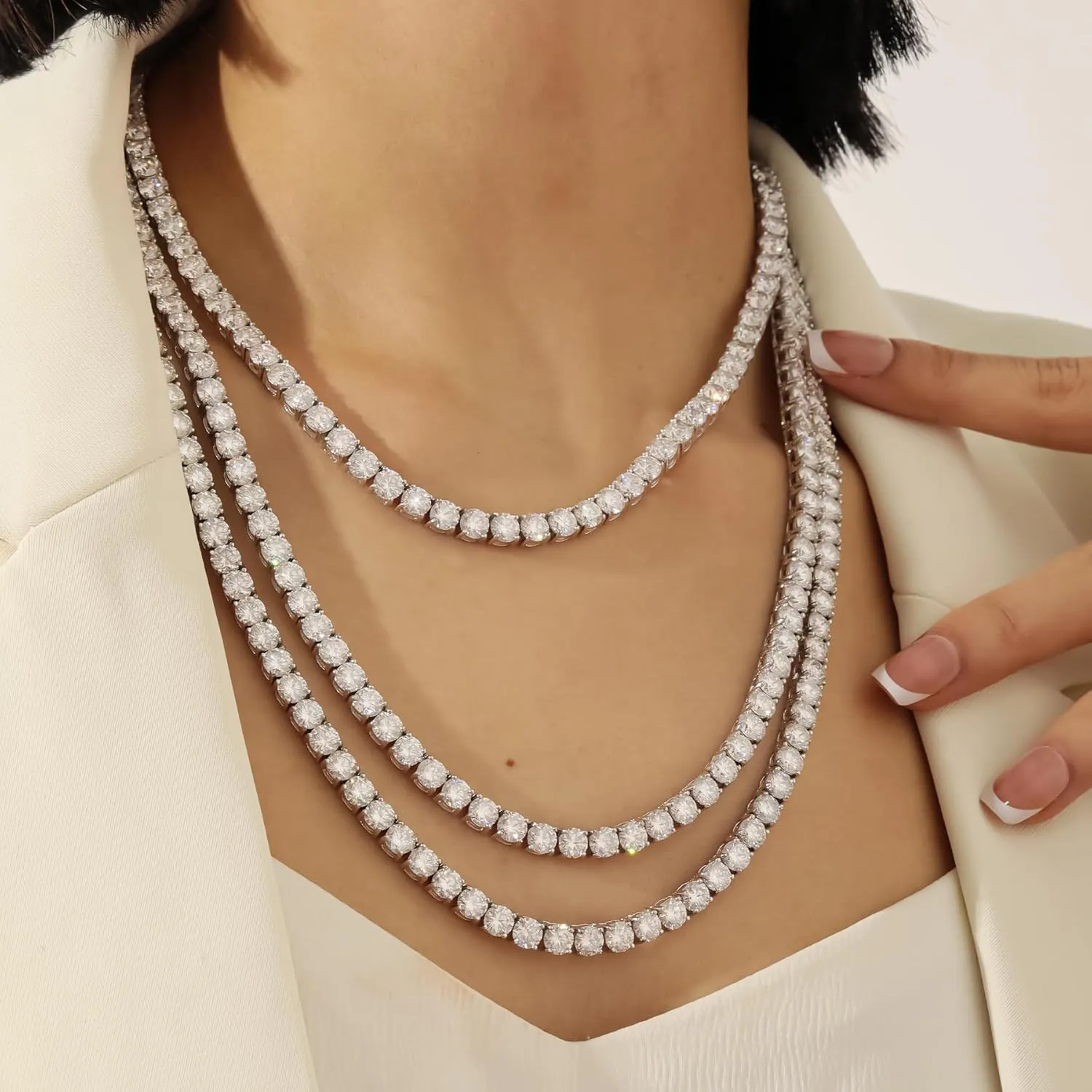 Moissanite Tennis Necklace 3mm-6.5mm (0.1-0.5CT) D/VVS1 Round Cut, 14K White Gold Plated 925 Silver, Hypoallergenic Jewelry Gift for Women Men with GRA Certificate.