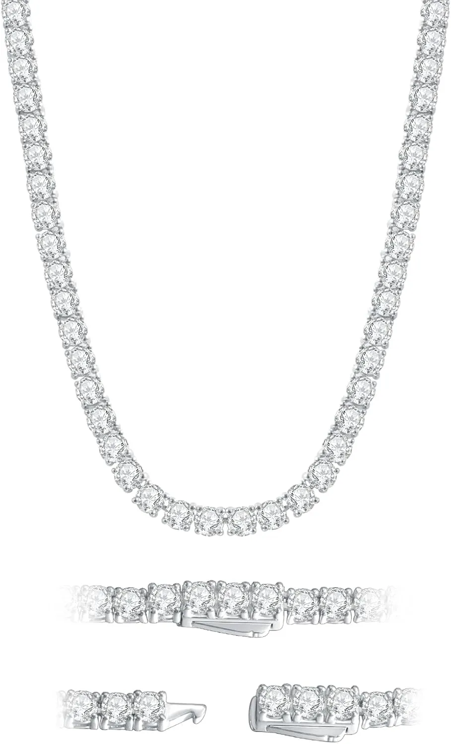 Moissanite Tennis Necklace 3mm-6.5mm (0.1-0.5CT) D/VVS1 Round Cut, 14K White Gold Plated 925 Silver, Hypoallergenic Jewelry Gift for Women Men with GRA Certificate.