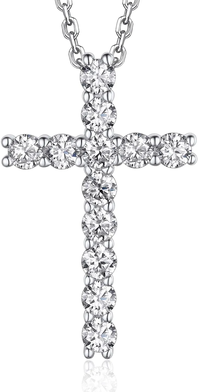 MomentWish Cross Necklace for Women, Christian Gifts for Her, Moissanite Cross Pendant, 925 Sterling Silver Necklaces Religious Anniversary Birthday Gifts for Women-