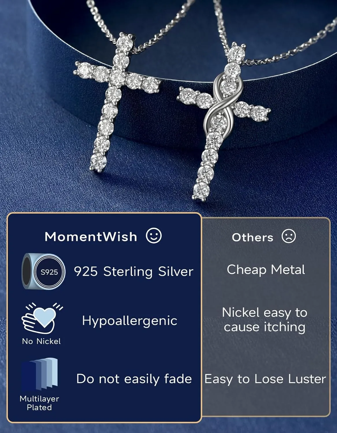 MomentWish Cross Necklace for Women, Christian Gifts for Her, Moissanite Cross Pendant, 925 Sterling Silver Necklaces Religious Anniversary Birthday Gifts for Women-