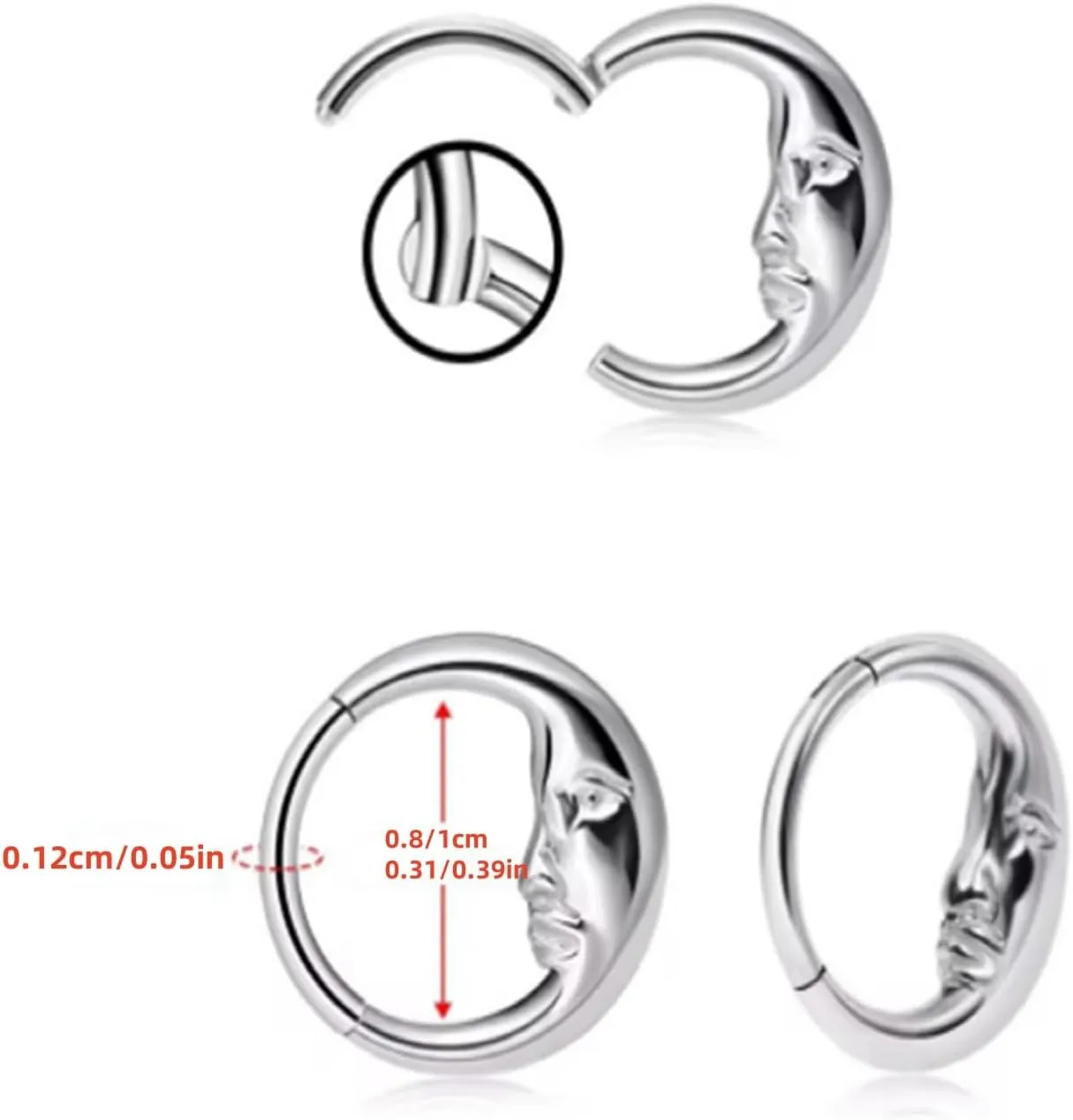 Moon Gold Nose Ring for Women Dainty Moon Face Septum Hoop Rings Cartilage Helix Daith Earrings Silver Moon Tragus Nose Rings Daith Lip Piercing Jewelry