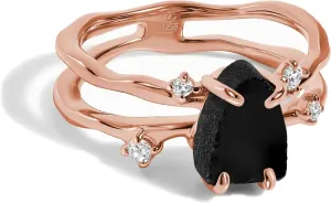 Moon Magic - Authentic Moonstone, Black Obsidian, Amethyst, Aquamarine Ring - Flow/Real 925 Sterling Silver - 18k Rose and Yellow Gold Raw Crystal Rings for Women/Genuine Gemstone Jewelry