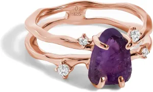 Moon Magic - Authentic Moonstone, Black Obsidian, Amethyst, Aquamarine Ring - Flow/Real 925 Sterling Silver - 18k Rose and Yellow Gold Raw Crystal Rings for Women/Genuine Gemstone Jewelry
