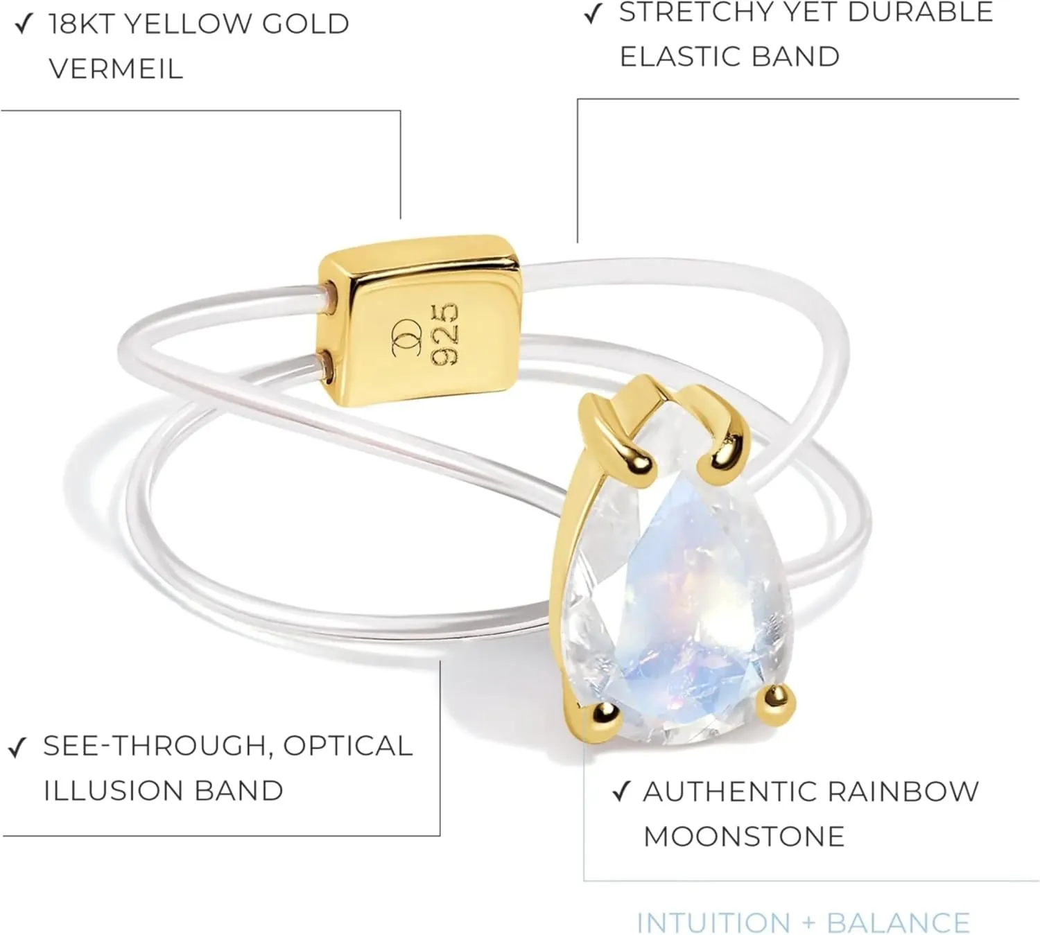Moon Magic - Authentic Rainbow Moonstone Floating Gemstone Ring with Stretchy Invisible Band/ 925 Sterling Silver - 18K Rose and Yellow Gold Natural June Birthstone Rings for Women/Genuine Jewelry