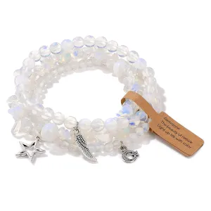 Moonstone Bracelet for Women 3Pcs Boho Feather Bracelet Moonstone Crystal Bracelet Natural Stone Beaded Bracelets Healing Crystal Bracelets Moonstone Jewelry for Women Girls