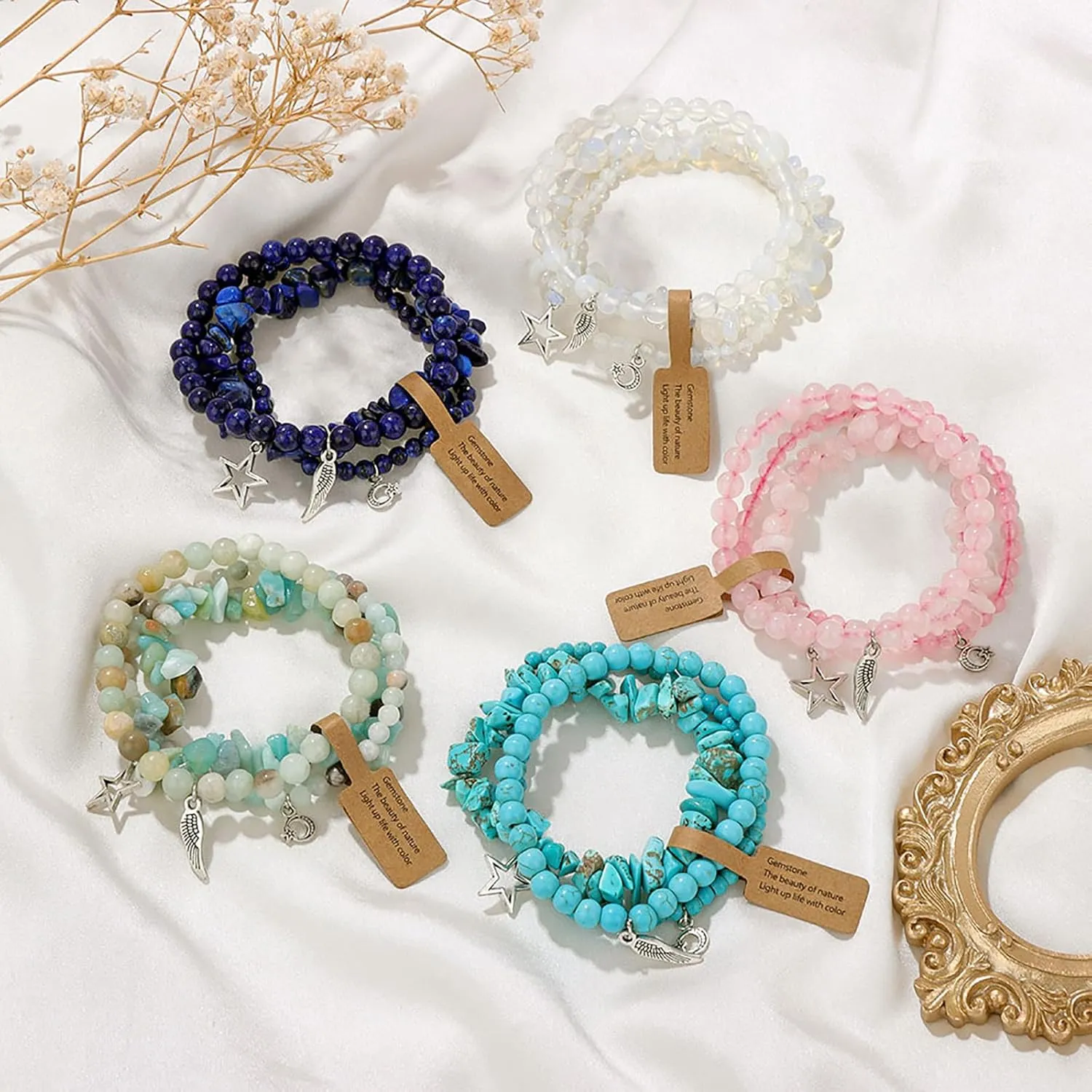Moonstone Bracelet for Women 3Pcs Boho Feather Bracelet Moonstone Crystal Bracelet Natural Stone Beaded Bracelets Healing Crystal Bracelets Moonstone Jewelry for Women Girls