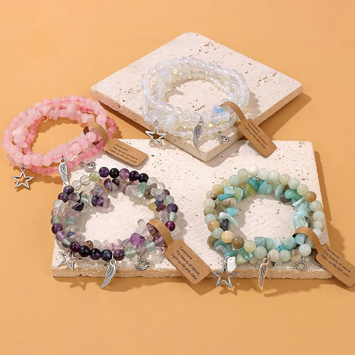 Moonstone Bracelet for Women 3Pcs Boho Feather Bracelet Moonstone Crystal Bracelet Natural Stone Beaded Bracelets Healing Crystal Bracelets Moonstone Jewelry for Women Girls