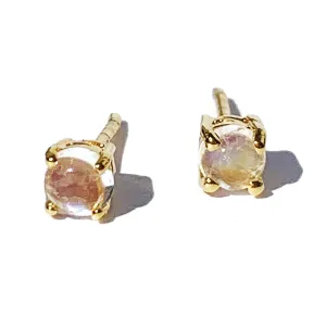 Moonstone Stud Post Earrings Rainbow, 14k Gold Plated 925 Silver, Minimal Dainty Tiny Stone 3mm, Handmade Gift for Women and Men, June Birthstone (Moonstone-Gold)