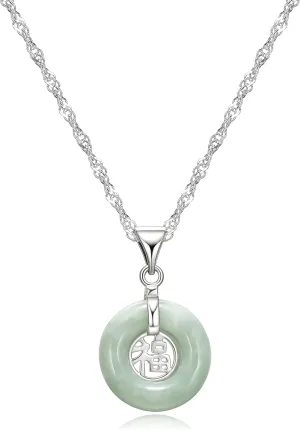 MORGAN & PAIGE .925 Sterling Silver Rhodium Plated Genuine Jade Necklaces for Women - Green Jade Good Fortune Fu Symbol Dainty and Lightweight Sterling Silver Necklace for Women, 18 inch