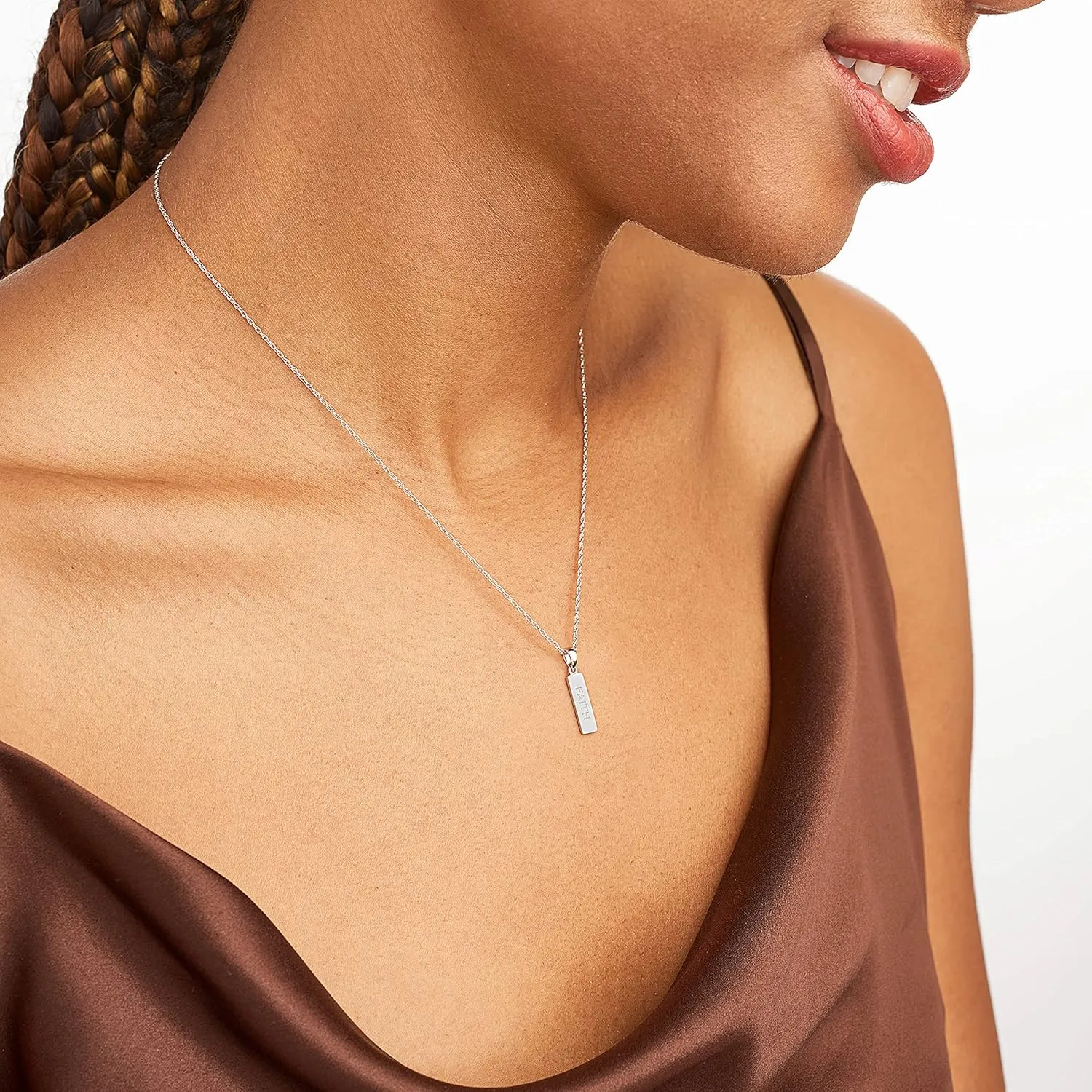 MORGAN & PAIGE .925 Sterling Silver Rhodium Plated Vertical Bar Sentiment Pendant Necklaces for Women - Lightweight and Dainty Sterling Silver Necklace for Women, Jewelry for Her 18 inch Rope Chain