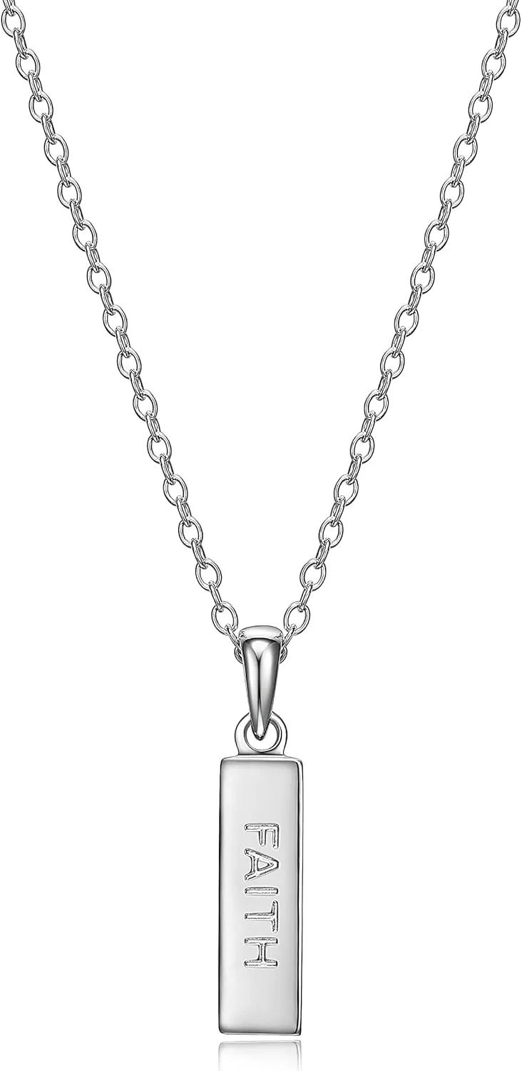 MORGAN & PAIGE .925 Sterling Silver Rhodium Plated Vertical Bar Sentiment Pendant Necklaces for Women - Lightweight and Dainty Sterling Silver Necklace for Women, Jewelry for Her 18 inch Rope Chain