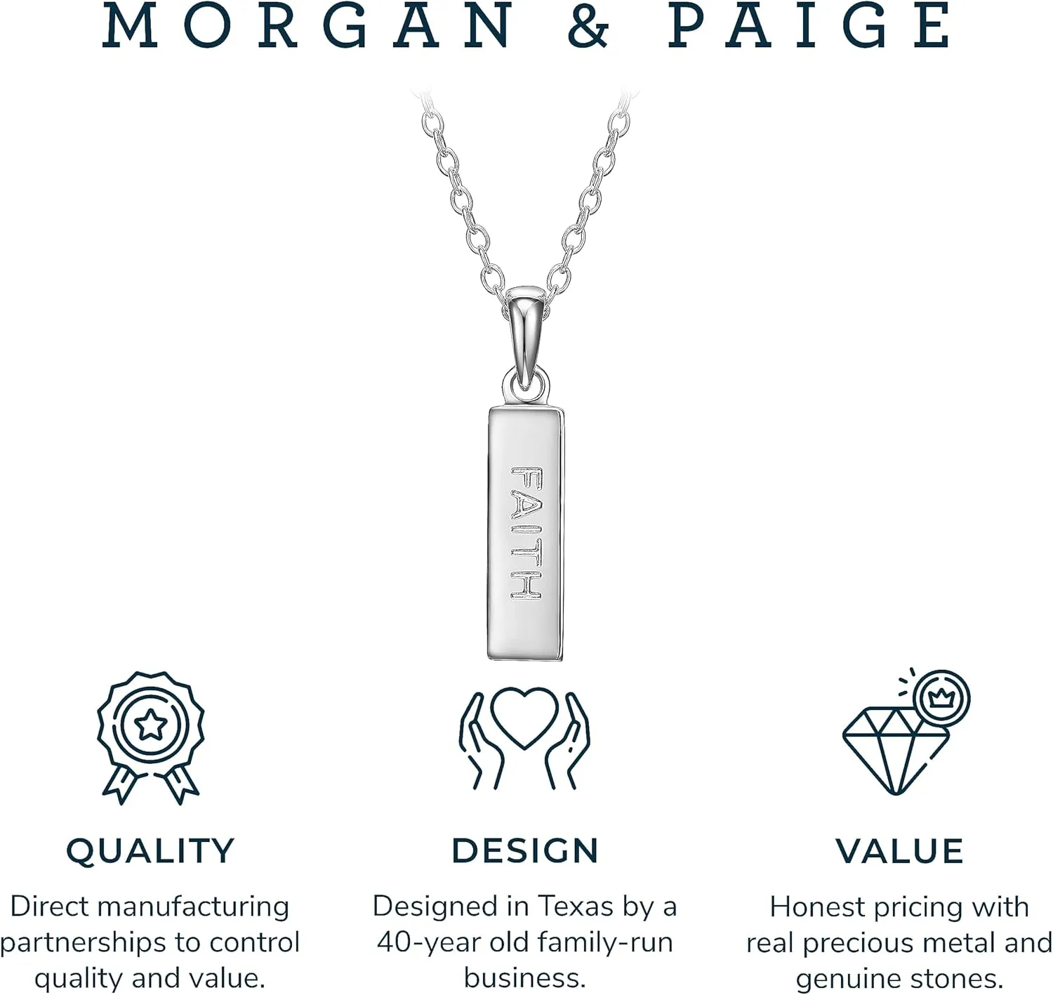 MORGAN & PAIGE .925 Sterling Silver Rhodium Plated Vertical Bar Sentiment Pendant Necklaces for Women - Lightweight and Dainty Sterling Silver Necklace for Women, Jewelry for Her 18 inch Rope Chain