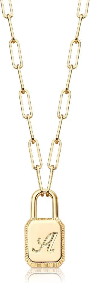 MTMY Lock Necklace, 14K Gold Plated Adjustable Paperclip Chain Dainty Lock Pendant Necklace Personalized Engraved Letter Jewelry for Women