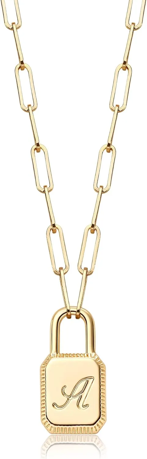 MTMY Lock Necklace, 14K Gold Plated Adjustable Paperclip Chain Dainty Lock Pendant Necklace Personalized Engraved Letter Jewelry for Women