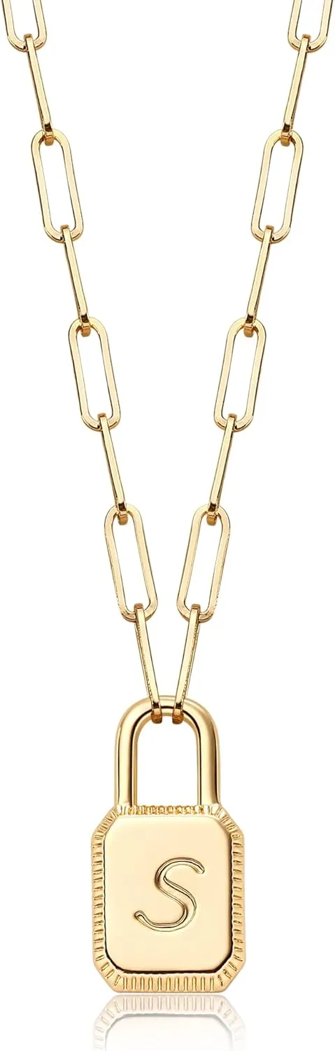 MTMY Lock Necklace, 14K Gold Plated Adjustable Paperclip Chain Dainty Lock Pendant Necklace Personalized Engraved Letter Jewelry for Women
