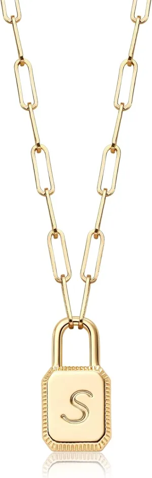 MTMY Lock Necklace, 14K Gold Plated Adjustable Paperclip Chain Dainty Lock Pendant Necklace Personalized Engraved Letter Jewelry for Women